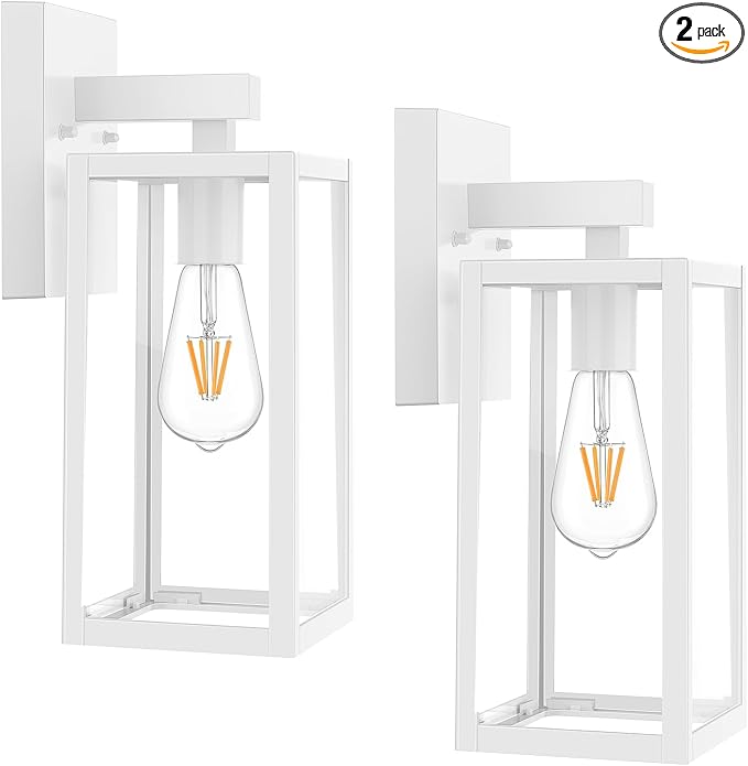 MAXvolador Outdoor Wall Sconce, Exterior Waterproof Lantern Light Fixtures, White Porch Light Toughened Glass, Anti-Rust E26 Patio Lighting, 2 Pack | White Porch Wall Lights, Anti-Rust, E26 Socket, Clear Glass Outside Wall Mount Sconces, Front Door Lig...