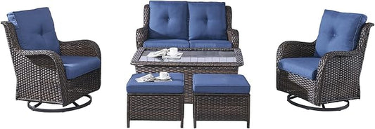 Rilyson Wicker Patio Furniture Set - 6 Piece Rattan Outdoor Sectional Conversation Sets with 2 Swivel Rocking Chairs,2 Ottomans,1 Loveseat and 1 Coffee Table for Porch Deck Garden(Brown/Blue)
