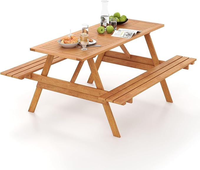 Tangkula Picnic Table with 2 Benches, Outdoor Wood Picnic Table Bench Set with 2-Inch Umbrella Hole, Slatted Tabletop & Seat, Outside Table and Bench Set for Garden, Backyard, Porch, Patio