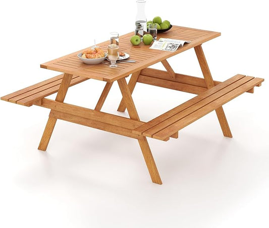 Tangkula Picnic Table with 2 Benches, Outdoor Wood Picnic Table Bench Set with 2-Inch Umbrella Hole, Slatted Tabletop & Seat, Outside Table and Bench Set for Garden, Backyard, Porch, Patio