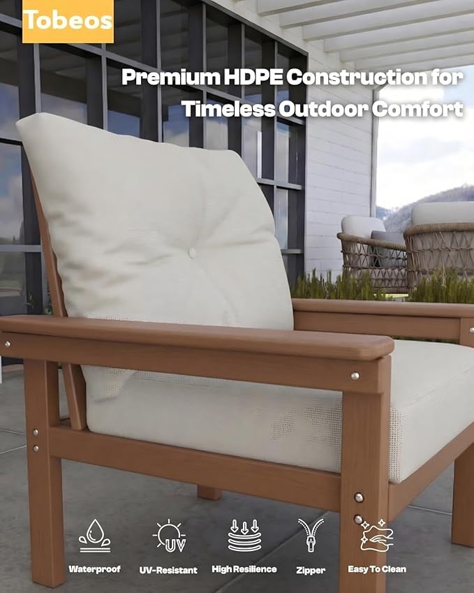 HDPE 3 Piece Patio Furniture Set, All-Weather Outdoor Couch Set with Thick Cushions, Patio Conversation Sets for Lawn, Garden, Porch, Deck, Balcony, Poolside, Teak Frame Beige Cushion