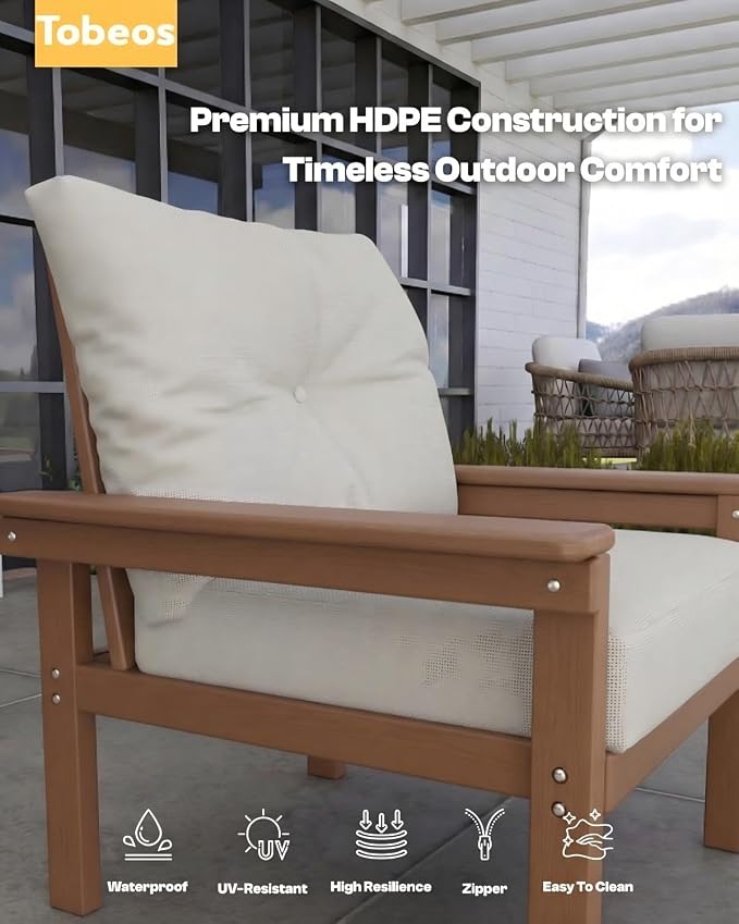 HDPE 7 Piece Patio Furniture Set, All-Weather Outdoor Couch Set with Thick Cushions & Coffee Table & Side Table, Patio Conversation Sets for Lawn, Garden, Porch, Balcony, Deck, Teak & Beige