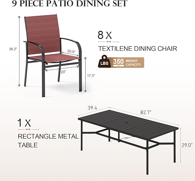 HERA'S HOUSE 9pc Outdoor Patio Dining Set for 8, Textilene Chairs, Red | 83" Rectangular Metal Table with umbrella hole. Waterproof, rust-resistant, all-weather for backyard, porch