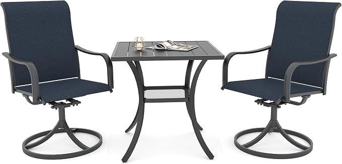 Anmutig Small Outdoor Patio Dining Set, 27.5 Inch Square Dining Table with 2 Navy Blue Swivel Chairs - Style2