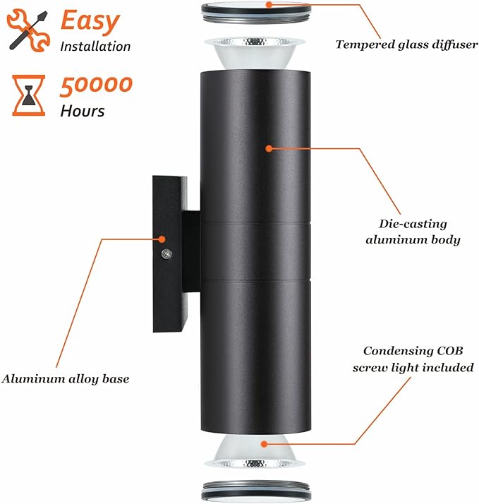 DAKAFUL Outdoor Wall Lights 2 Packs, Integrated LED Cylinder Up Down 12W 2700K Modern Aluminum Light, Waterproof Exterior Light for Porch Patio Door, Matte Black