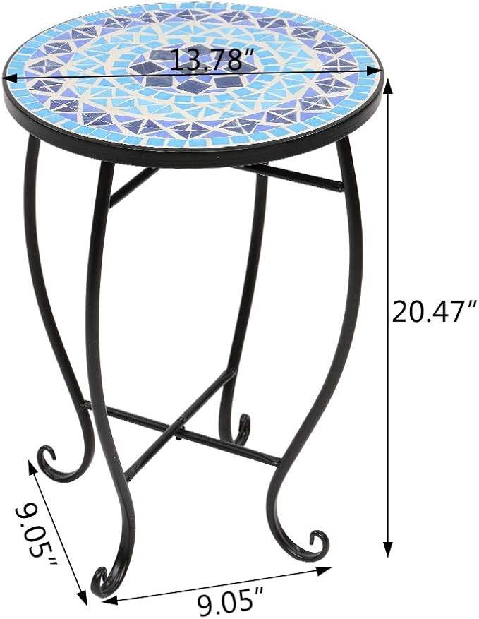 Mosaic Outdoor Side Table, 14inch Round Small Patio Accent Table Ottoman Mosaic Bistro Table Indoor End Table for Yard, Garden, Living Room, Bistro Balcony or Lawn (Dark Blue, 14'')