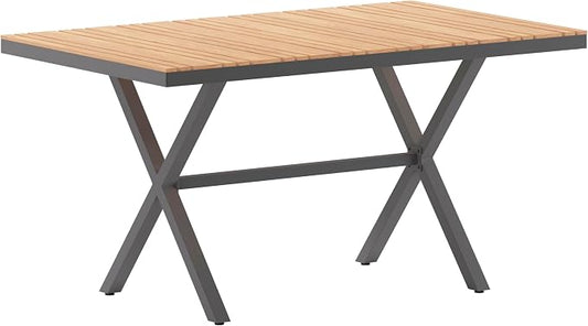 Flash Furniture Finch Commercial Grade X-Frame Outdoor Dining Table 59" x 35.5" with Faux Teak Poly Slats and Metal Frame, Natural/Gray