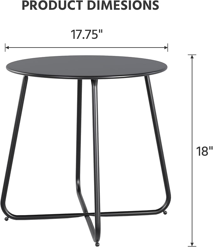 LAUSAINT HOME 18" Outdoor Side Table, 1 Pack Small Round Patio Table with Adjustable Footpads, Powder Coated Steel Coffee Table for Patio, Balcony, Porch and Garden, Black