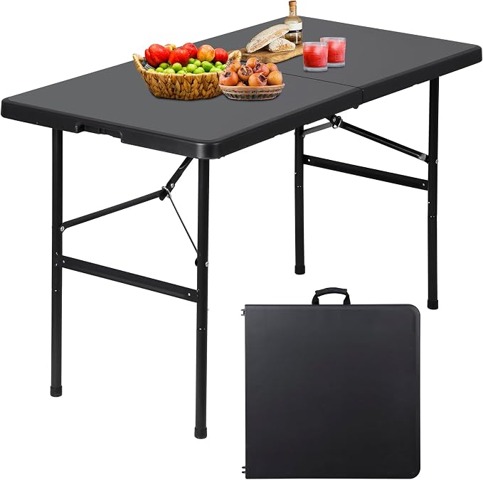JupiterForce 4ft Folding Table, Indoor Outdoor Portable Plastic Picnic Table, Heavy Duty Rectangular Party Camping Dining Table with Carrying Handle, Black