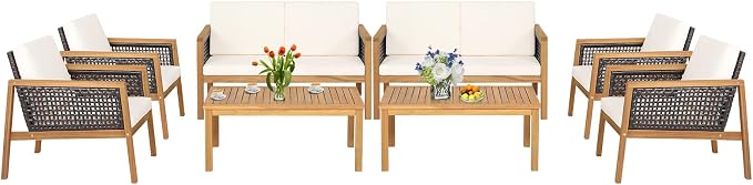 8 Pieces Outdoor Acacia Wood Furniture Set, Outdoor PE Wicker Conversation Set with Coffee Table and Soft Cushions, Outdoor Sofa Set for Garden, Poolside and Backyard (2, Off White)