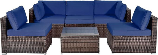 DORTALA 6 Pieces Patio Furniture Set, Outdoor Wicker Conversation Set with Glass Coffee Table, Wicker Sofa Set with Back & Seat Cushions, Rattan Sectional Conversation Couch Set, Navy