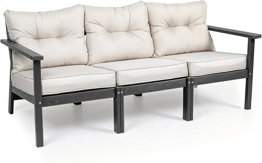 3 Seat HDPE Patio Sofa, Outdoor Couch with Thick Cushions, Patio Furniture | Water-Resistant Thick Cushion, HDPE All Weather, Wood-Grain, No Rot or Rust or Crack, UV Fade Shield, Easy-Clean for Outside