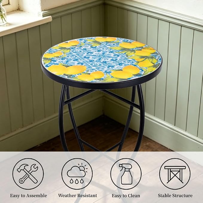 14 Inch Mosaic Patio Side Table with X-Curved Legs, Indoor Outdoor Accent Round End Table with Ceramic Tile Tops for Yard, Garden, Living Room, Bistro, C - Lemon & Blue Tile