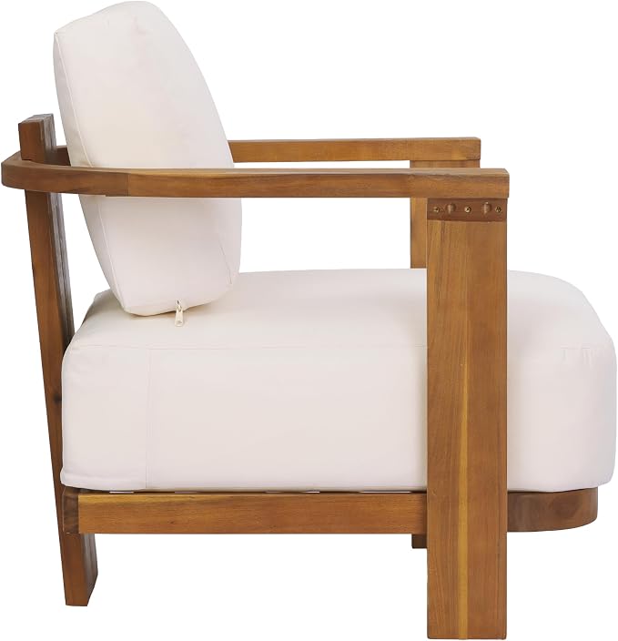 Christopher Knight Home Stella Acacia Wood 4 Piece Patio Furniture Set, Wooden Patio Conversation Set with Club Chair+Coffee Table, 4-Seater Outdoor Loveseat Sofa + Armchair and Table Set, Teak+Beige