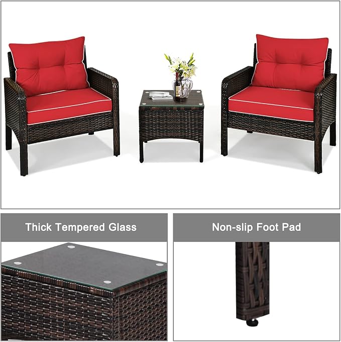 DORTALA Small Patio Furniture Set 3 Piece, Wicker Outdoor Table and Chairs Set with Cushions, All Weather Rattan Conversation Bistro Set for Balcony, Porch, Backyard, Deck, Red