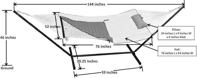12 Foot Steel Hammock Frame with Cotton Rope Hammock, Quilted Hammock Pad, and Pillow