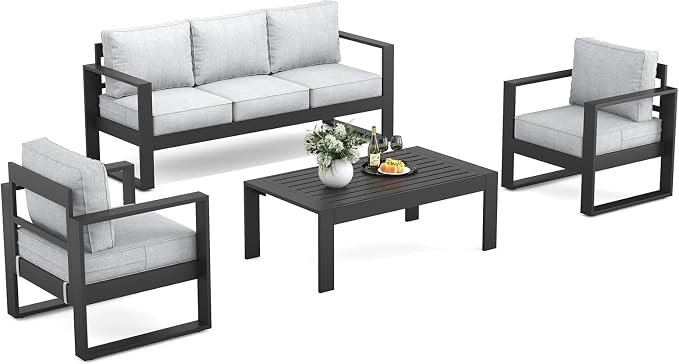 Outdoor Aluminum Furniture Set - 4 Pieces Modern Patio Conversation Sets Metal Sectional Sofa with Coffee Table