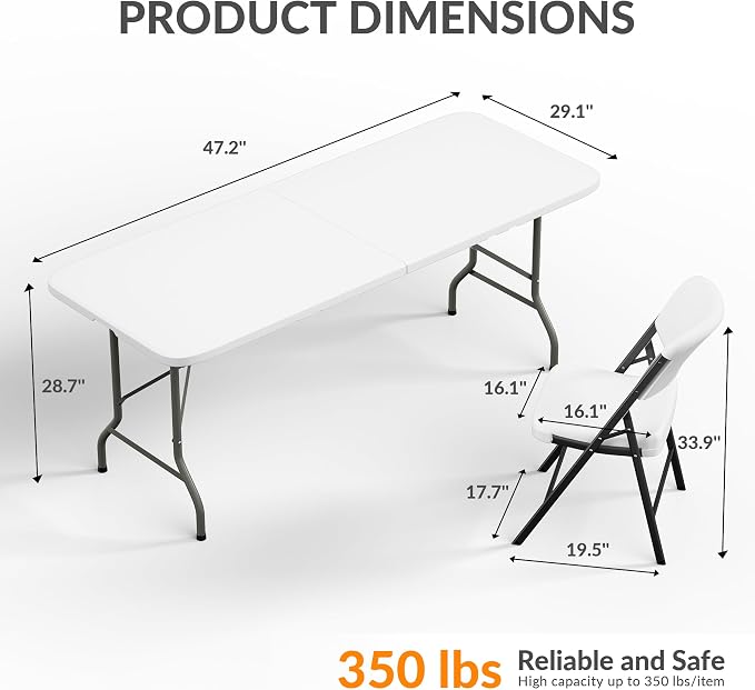 Elevon Folding Table Set with 8 White Folding Chairs,8 Feet Heavy Duty Fold-in-Half Utility Table Sets for Picnic, Event, Training, Outdoor Activities, at Home and Commercial Use