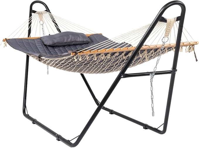 Heavy Duty Hammock with Stand 440lbs, Portable Outdoor Swing with Adjustable Chains, Steel Frame Porch Swing for Adults, Indoor & Outside Relaxation,Gray