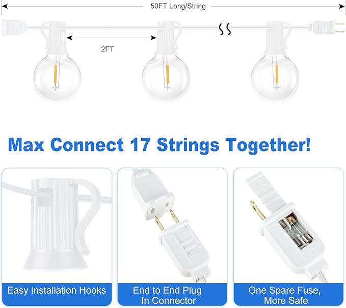 100ft Outdoor G40 LED Globe String Lights Dimmable Shatterproof Waterproof | Light Strings with 52 Bulbs Connectable Commercial Hanging Lights for Patio Balcony Backyard Party (White Wire, 2-Pack)