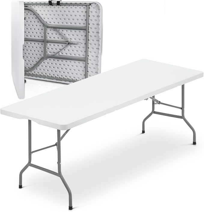 Athena Collection 8ft Folding Table, Lightweight Portable Desk with Handle, Square Foldable Plastic Table for Card Games, Collapsible Dining, Indoor Outdoor Camping Picnic & Party Use, White