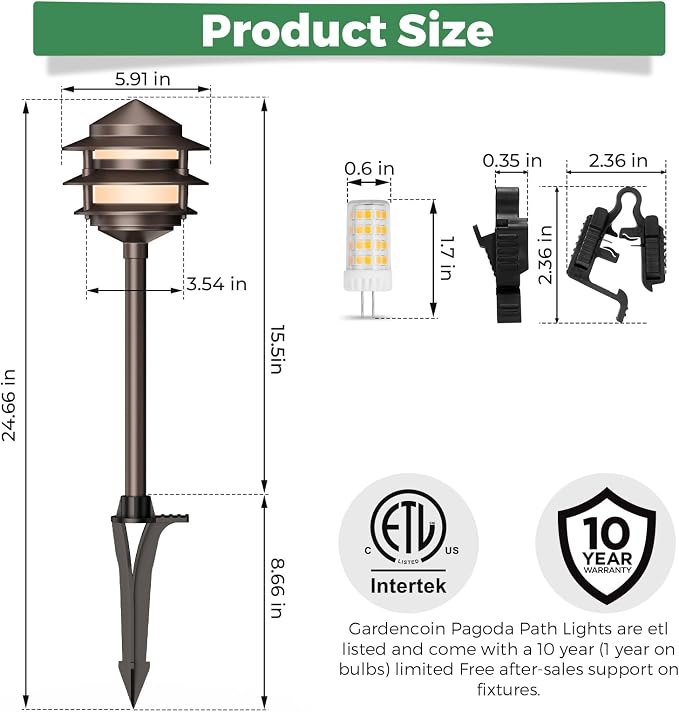 Pagoda Low Voltage Landscape Pathway Lights, 12V Outdoor LED Path Lights Wired, Aluminum Walkway Lighting with 4W 2700K Replaceable G4 Bulb, Bronze Classic 3-Tier Lantern, 12 Pack