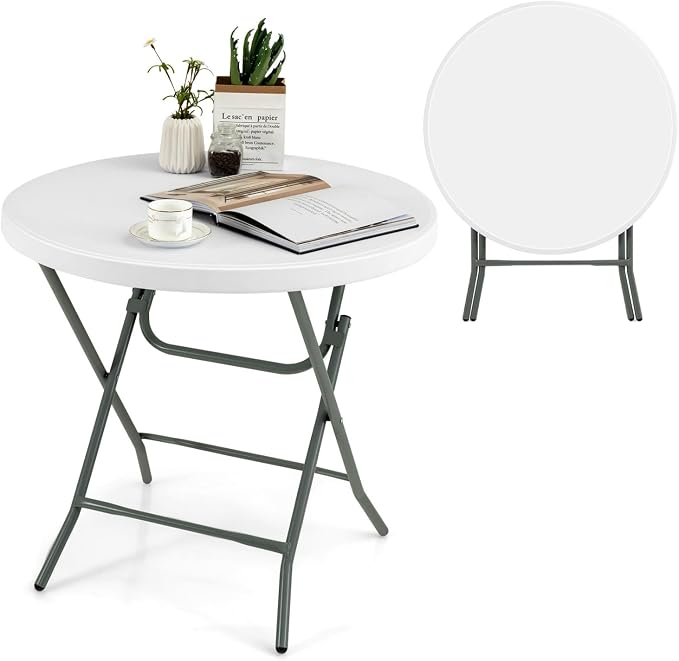 MEDIMALL 32” Round Folding Table, Portable & Lightweight Picnic Table with HDPE Tabletop & Heavy-Duty Metal Frame, Indoor Outdoor Fold Up Table for BBQ, Camping, Party, Dining