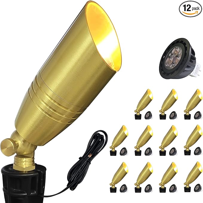 COLOER Die-cast Brass Landscape Spotlight 12-Pack with 5W Aluminum Housing LED MR16 Bulb,12V AC/DC Low Voltage Copper Outdoor Lighting, Directional Garden Patio Spot Up Light (102B Copper Finish)