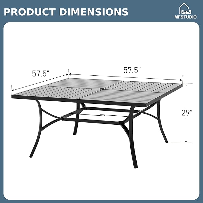 MFSTUDIO 57.5" Square Metal Outdoor Dining Table, Large Patio Furniture 8 Person Table with Umbrella Hole for Deck, Backyard, Lawn,Garden (Black)