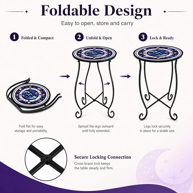 15 Inch Tall Patio Side Table, Small Patio Table for Outdoor Deck Porch Poolside, Ocean Wave Metal End Table, Rust Resistant Garden Stool Matches Mosaic Outdoor Side Table Decor