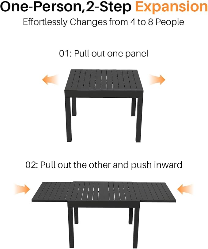 Patio Aluminum Extendable Dining Table, Never-Rust Expandable Outdoor Dining Table for 4-8 Person, 38"-77" Expandable Patio Table Rectangle Patio Dining Table for Porch, Deck, Garden, Black