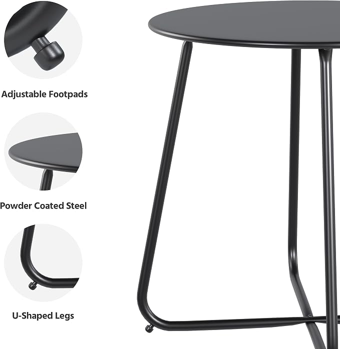 LAUSAINT HOME 18" Outdoor Side Table, 1 Pack Small Round Patio Table with Adjustable Footpads, Powder Coated Steel Coffee Table for Patio, Balcony, Porch and Garden, Black