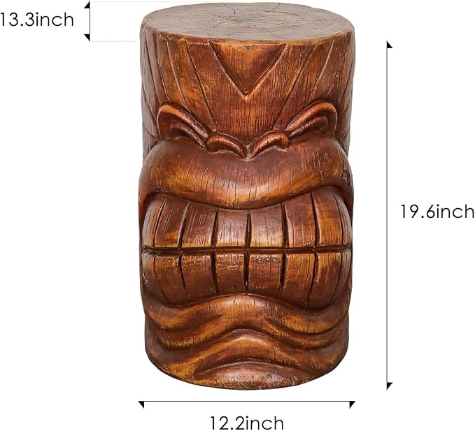 SKYFIRE Tiki Face Faux Wood Stump - The Grand Tiki Face Kanaloa Teeth Indoor Outdoor Side Table Statue for Garden, Patio, Backyard, Lawn, House, Office Decor -19.6" H Concrete Tiki Statue