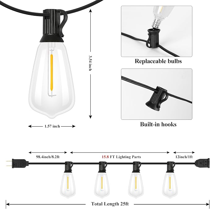 Brightever Outdoor String Lights, 25FT Patio Lights with 13 ST38 LED Edison Bulbs (1 Spare), Waterproof Connectable String Lights for Outside, Dimmable Hanging Light for Backyard Porch Decor, Black