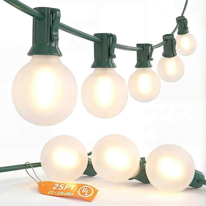 SUNSGNE 25Ft Globe Christmas Lights Outdoor, G40 LED Round Christmas Lights with 27 LED Frosted White Bulbs(2 Spare) for Yard Patio Garden Balcony Bistro Decor, Green Wire