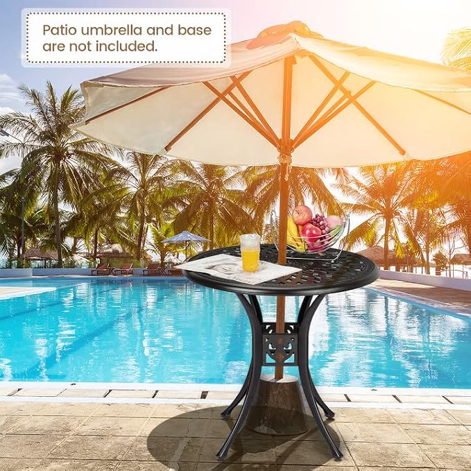 30.25" Round Cast Aluminum Patio Bistro Table, Bistro Table with Umbrella Hole, Outdoor Side Table, for Porch, Backyard, Garden, Balcony, Black