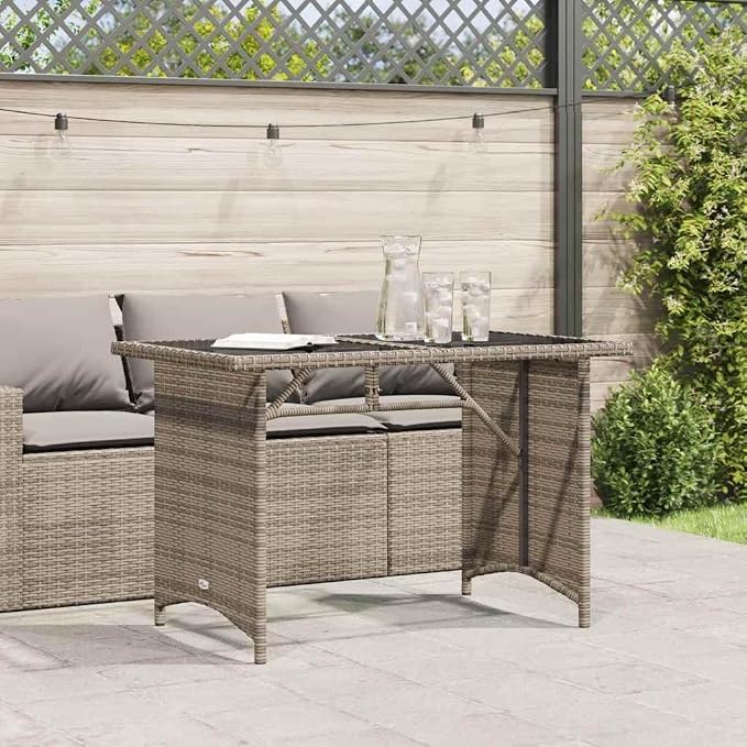 Poly Rattan Rectangular Patio Table with Tempered Glass Top, 43.3" x 26.8" x 27.6" Gray Outdoor Garden Table