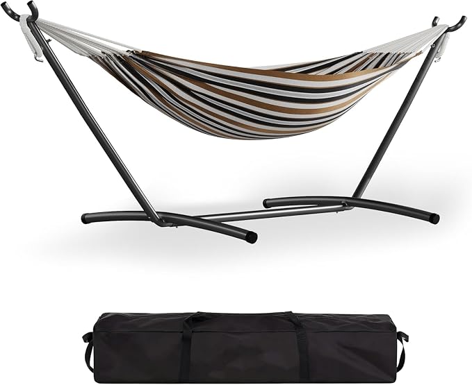 Double Hammock with Stand for 2, Heavy Duty 350 Lb Capacity Portable Rope Hammock for Indoor & Outdoor Use, Includes Padded Mat and Pillow, Tool-Free Easy Assembly, Light Blue