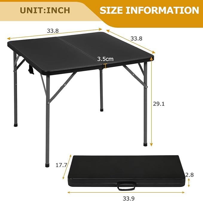34" Folding Card Table, Heavy Duty Plastic Square Table - Portable Fold-in-Half w/Handle & Lock for Camping, BBQ, Party, Events, Black