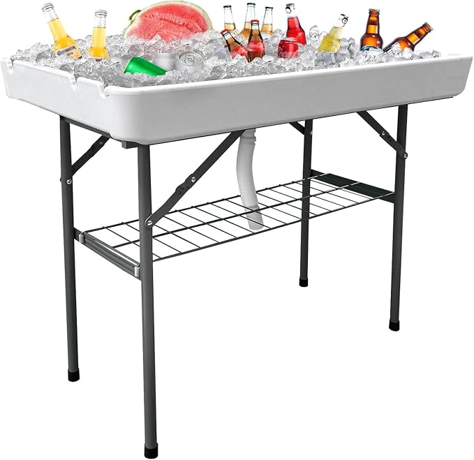 Ice Cooler Table with Skirt and Drain, Foldable Patio Cooler Table Keep Food Chill Fresh, Portable Fish Cleaning Station Outdoor for Party Picnic Camping BBQ