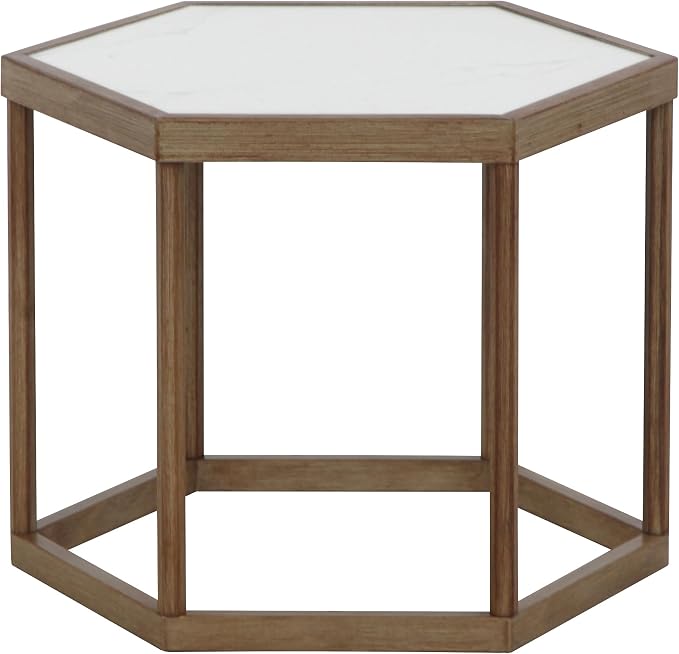 Honeycomb Indoor/Outdoor Omni Table: Weather, Rust, Heat, and Stain Resistant, Flexible Design to Stand Alone or be Combined, Stylish Yet Sturdy, White Tile Top, Steel Frame with Oak Finish