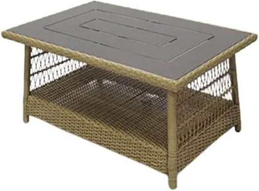 Four Seasons Courtyard Positano 40" x 26" Rectangular All-Weather Outdoor Open Weave Wicker Coffee Table with Decorative Top and Bottom Shelf, Brown