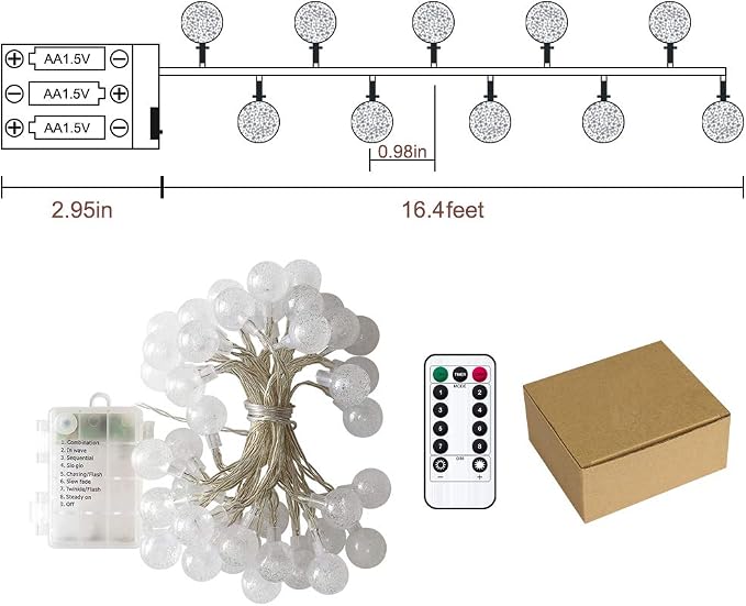 Metaku 16.4Ft 50LED Battery Operated Globe String Lights with Remote | Waterproof Fairy Lights Indoor Outdoor Hanging Lights Decorative Christmas Lights for Home Party Patio Garden Wedding