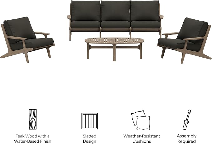 Modway Saratoga 4-Piece Teak Wood Outdoor Furniture Set in Weathered Gray Flint - Patio Conversation Set with Sofa, 2 Armchairs, and Coffee Table