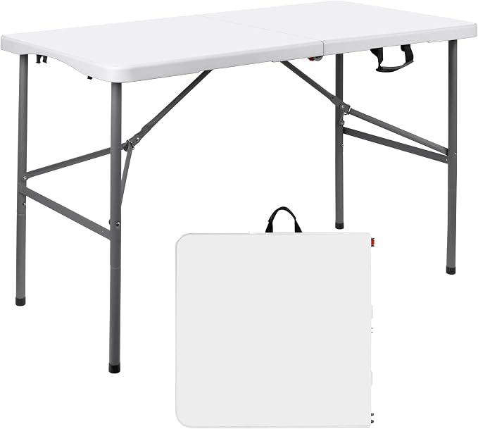 Plastic Folding Table 4ft,Outdoor Folding Utility Table Adjustable, Portable Picnic Camping Table with w/Handle, Lock for Party, Wedding, Kitchen, Beach, Kitchen, BBQ - White