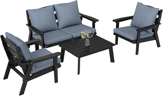 FOOWIN 4-Piece Patio Furniture Set, HDPE All-Weather Outdoor Conversation Set with Thick Cushions, Sectional Patio Sofa Furniture for Deck, Porch, Lawn, Garden, Black Frame & Grey Cushion