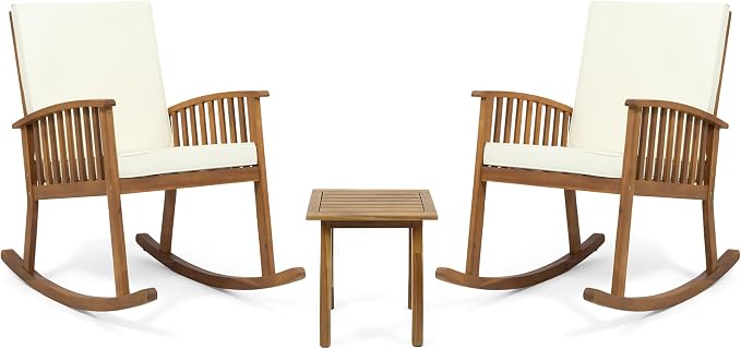 Christopher Knight Home Alabelle Outdoor Acacia Wood 2 Seater Rocking Chair Bistro Set with Side Table, 24.75 "W x 38.25 "D x 37.25 "H, Brown + Teak + Cream