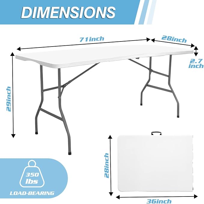 6FT Folding Table Portable Foldable Outdoor Camping Card Table Easy to Store Lightweight Durable Multi-Use Ideal for Picnics Parties Events and Home Use