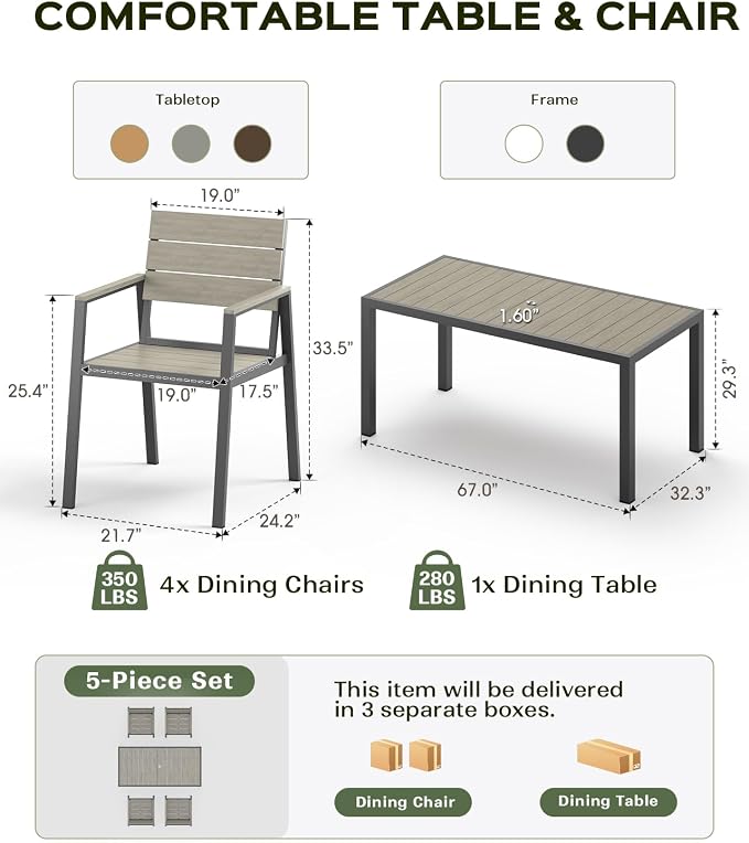 Vexwalx 5-Piece Outdoor Dining Set, Aluminum Dining Table Set for 4, Patio Table and Chairs Set with Umbrella Hole, All Weather HDPS Outdoor Table and Chairs for 4 (Gray)