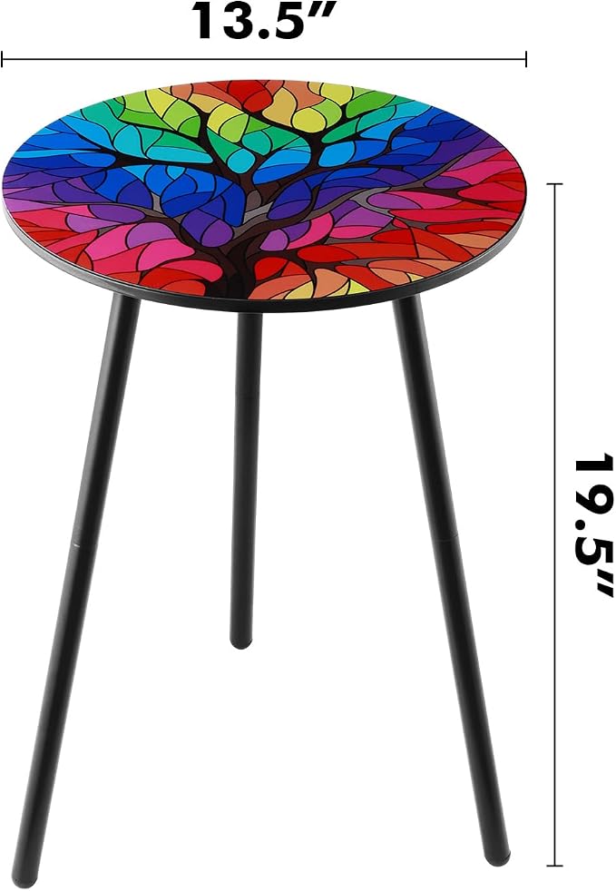 Outdoor Side Table Set of 2 Patio Side Tables for Outside Black End Tables Small Outdoor Table Round Patio End Table Metal Side Table Outside, Indoor, Bedroom, Living Room, Small Spaces, Rainbow Tree